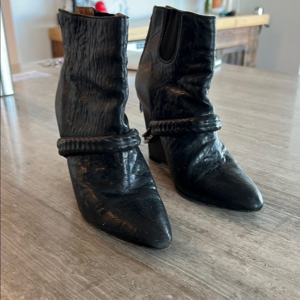 Black Leather Ankle Boots with Chain Detail - Picture 2 of 6